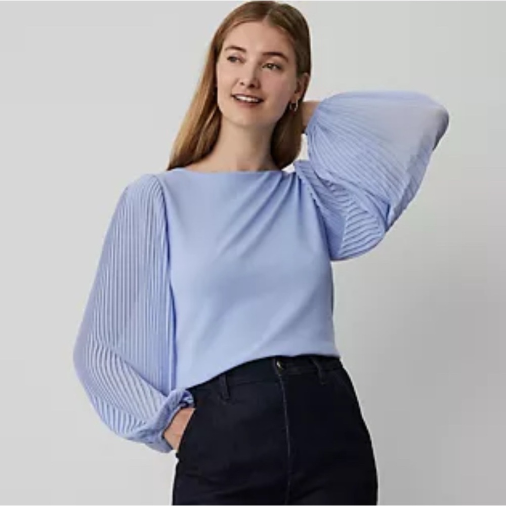 Ann Taylor Light Blue Blouse with Pleated Sleeves